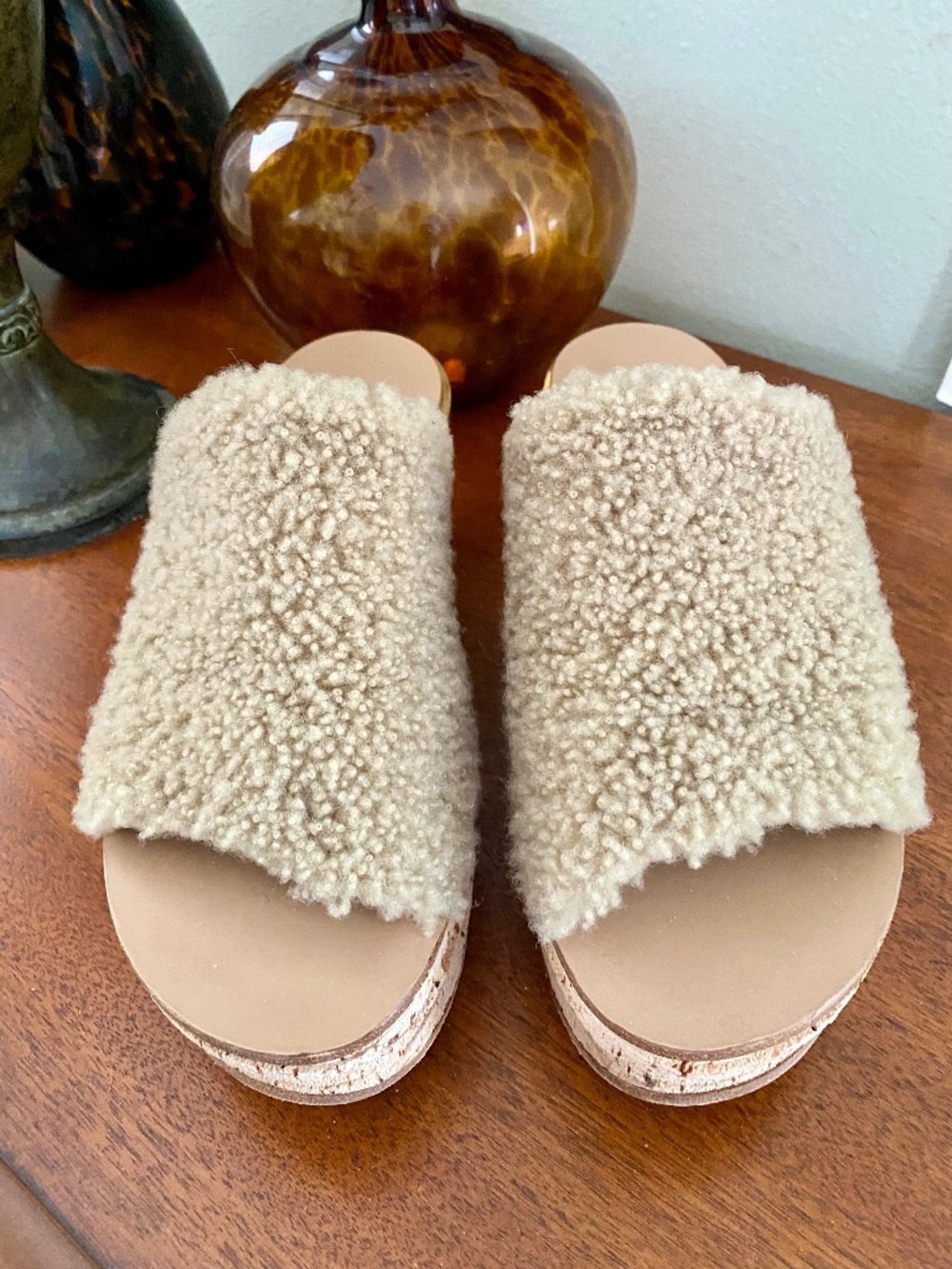 CHLOÉ $750 Shearling Leather Slide Wedges 8